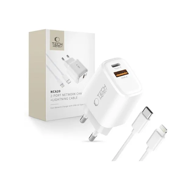 Tech-Protect  NCA20 PD 20W QC3.0 USB-A / USB-C + USB-C / Lightning Cable 100cm - White