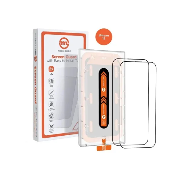 Mobile Origin Orange Screen Guard iPhone 15 with easy applicator - 2 pack