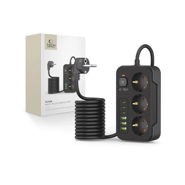Tech-Protect Power Strip  PC3X6 3 Sockets 240V + 3xUSB-A + 3xUSB-C 200cm - Black