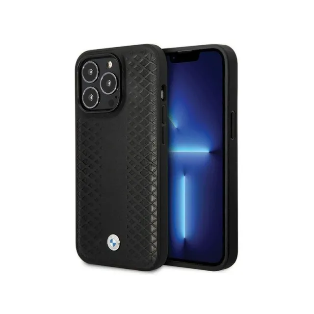 BMW Leather Diamond Pattern Case for iPhone 14 Pro - Black