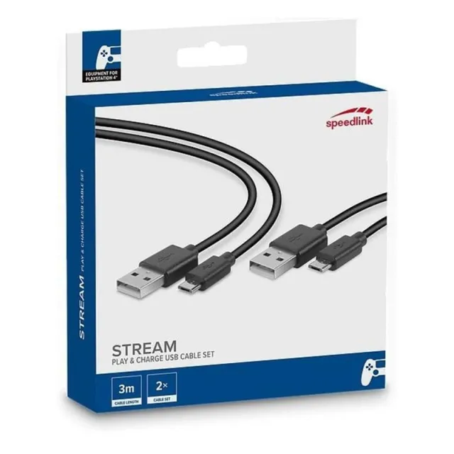 Speed-Link STREAM Play & Charge USB Cable Set 3m - Wired Charging cable for wireless game controller - Sony PlayStation 4